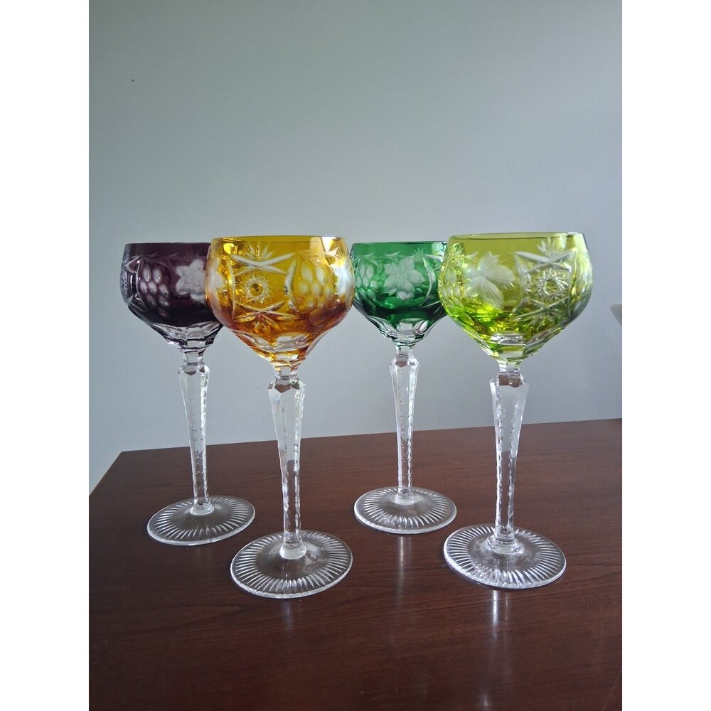 4 Vintage Nachtmann Traube Crystal Hock Wine Glasses Chartreuse Amethyst Green